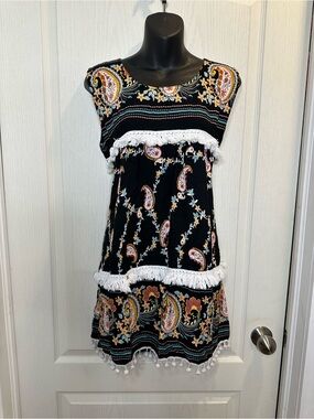 Boho Paisley Black Tassel Trim Sleeveless Dress 20” ptp